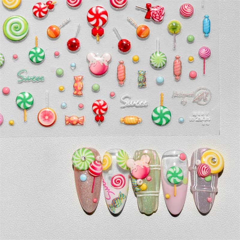 Carino 5D rilievo rilievo Nail Art Sticker colorato amore cuore Manicure decalcomania gelatina Design ciambella lecca-lecca caramelle fragola frutta