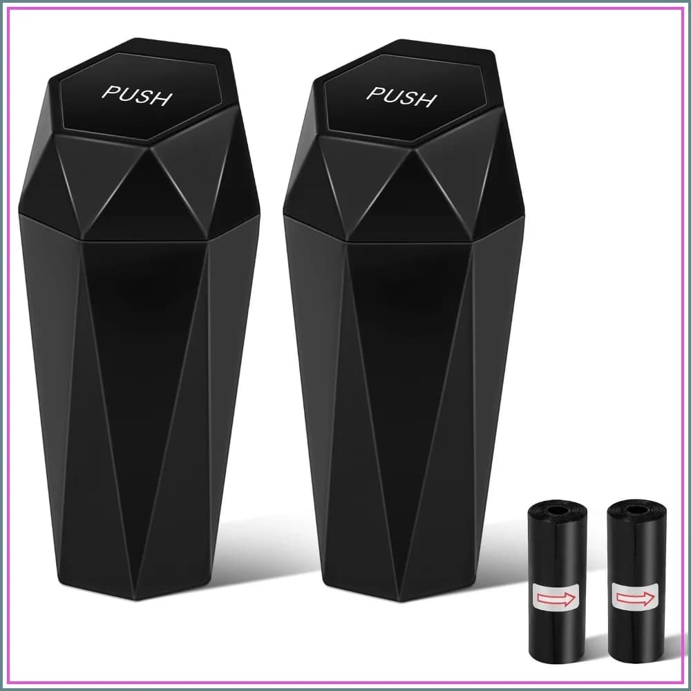 Mini Car Trash Can with Lid, 2-Pack, Leakproof, Fits Cup Holder, Black
