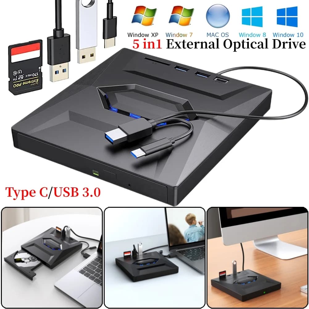 5 in1 USB 3.0/tipo C esterno DVD CD RW unità ottica lettore VCD unità disco lettore masterizzatore DVD con porta SD/TF per PC portatile
