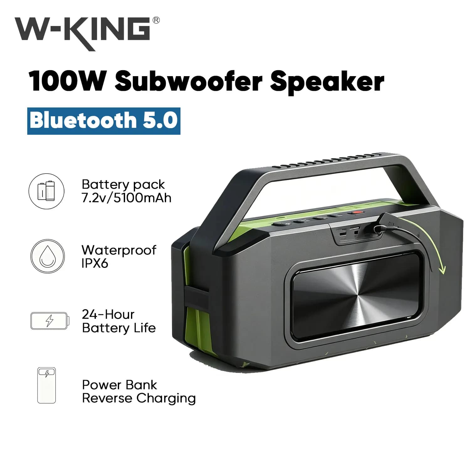 W-KING D9-GR 100W Bluetooth Speaker IPX6 Waterproof Bass Boost Portable Wireless Stereo RGB Outdoor Party Speaker TWS Power Bank