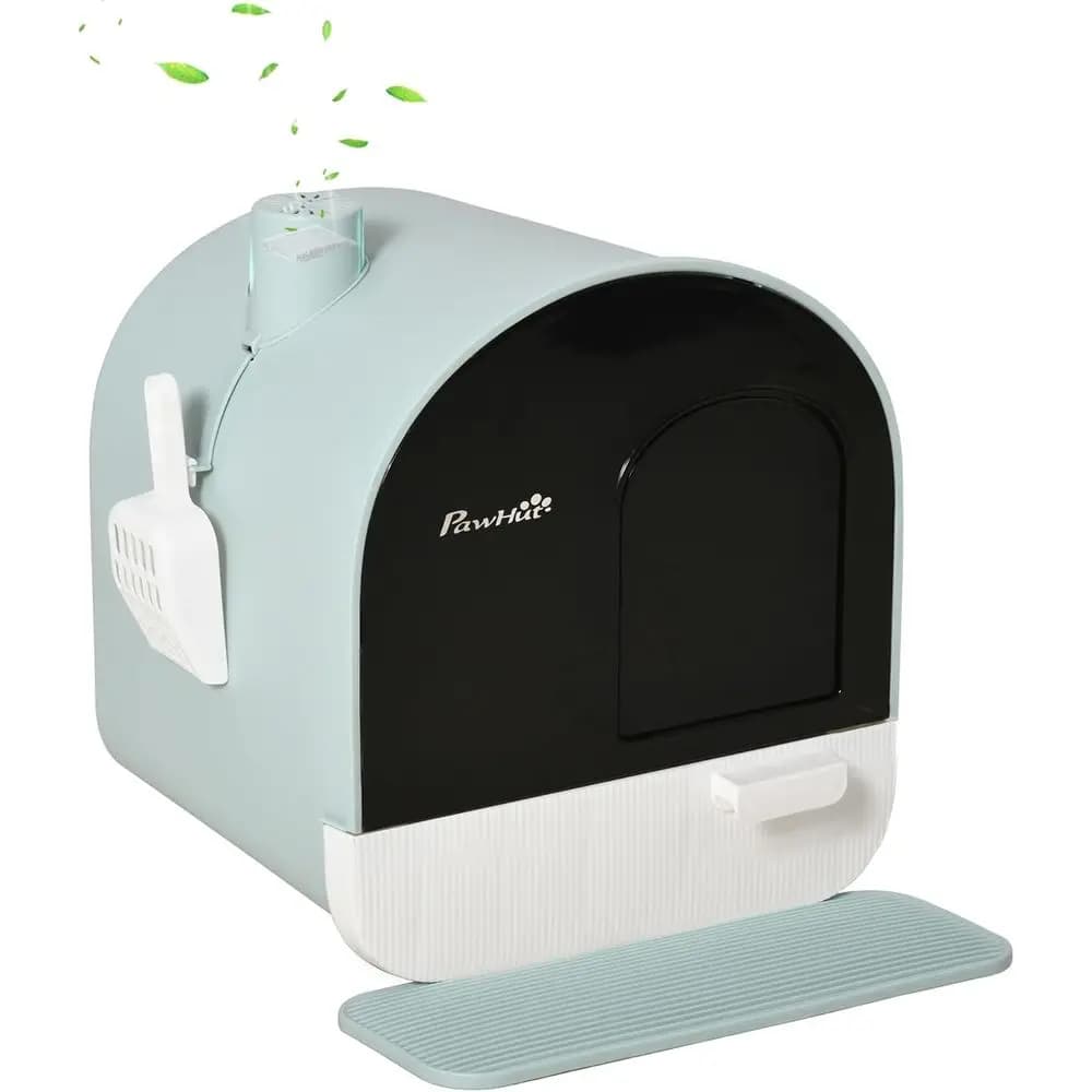 Lettiera per gatti verde con coperchio, vassoio, paletta e tappetino, 17x17x18,5 pollici