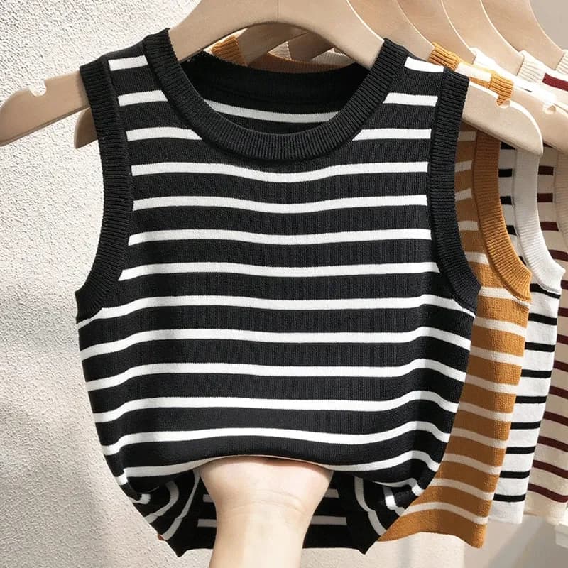 Canotta da donna a righe in maglia di seta ghiaccio senza maniche, ideale per l'estate e per la stratificazione
