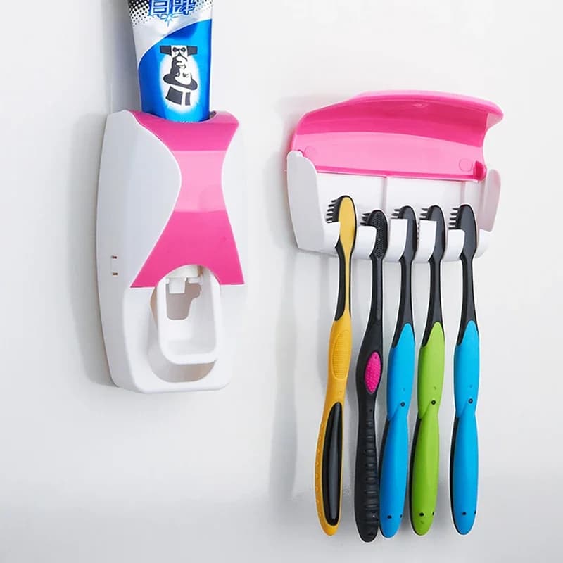 A wall mounted toothbrush holder with an automatic toothpaste dispenser and a bathroom toothpaste squeezer