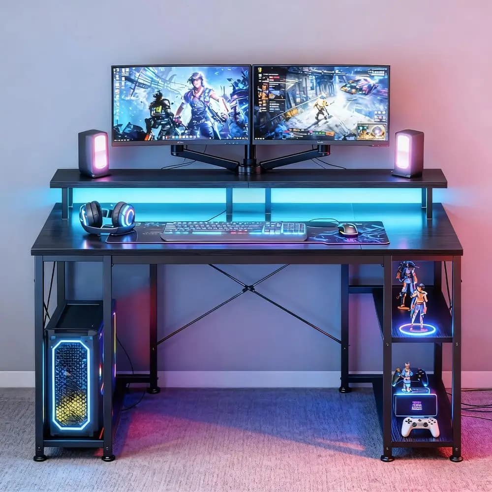 Scrivania da gaming da 48 pollici con luci LED e prese di corrente, scrivania per computer con supporto per monitor e ripiani portaoggetti, supporto per CPU, per casa e ufficio