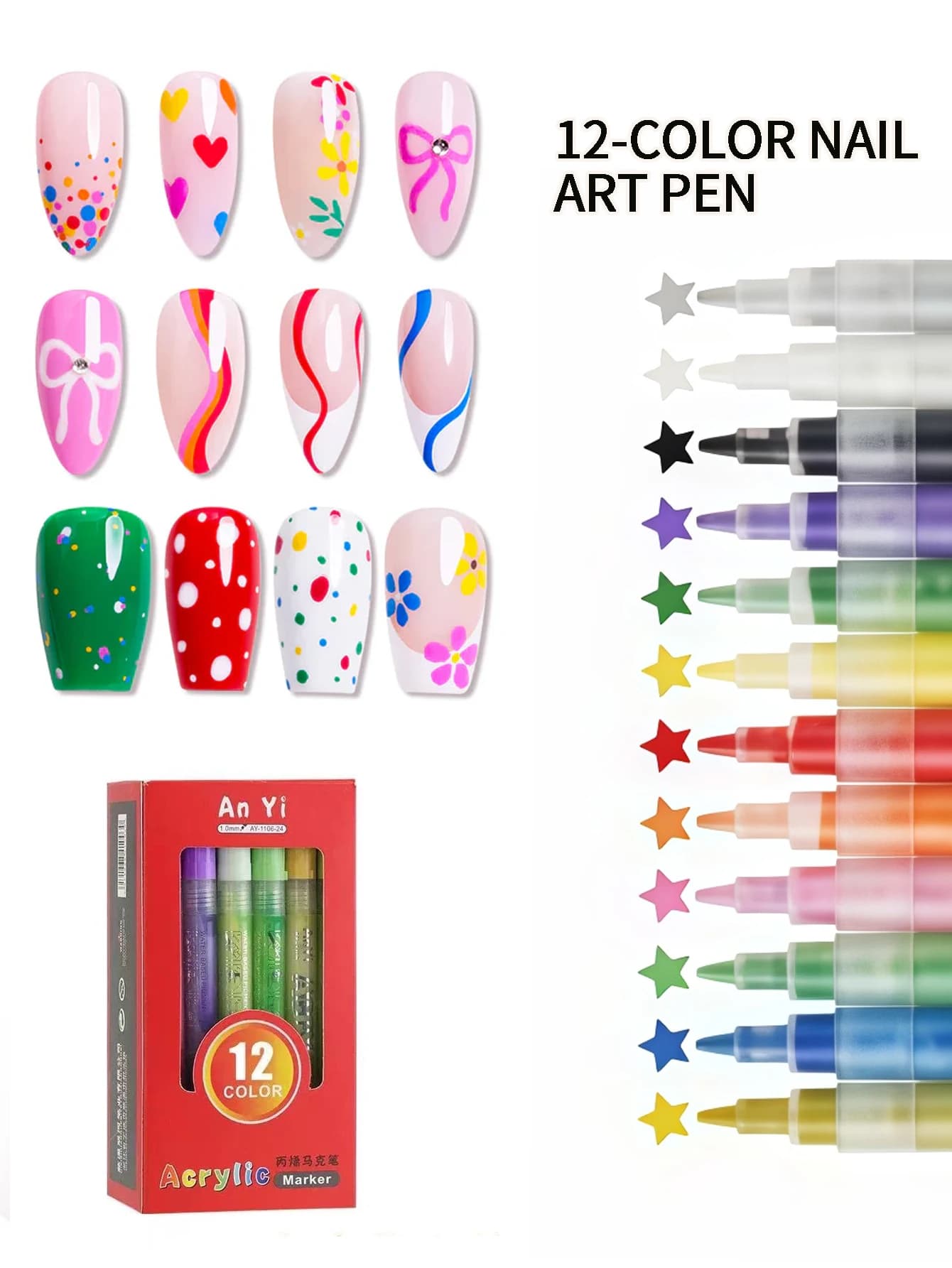 Set di 12 penne per nail art, penna per pittura per nail art, strumento per smalto, utilizzato per unghie per pittura di bellezza per nail art fai da te