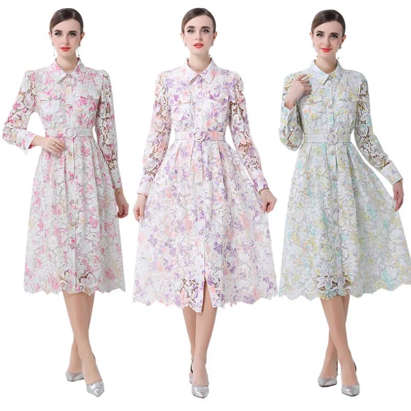 Abito da donna con ricami elaborati, pizzo traforato, stampa, colletto a revers, fibbia in metallo, stile francese, gonna midi, primavera autunno