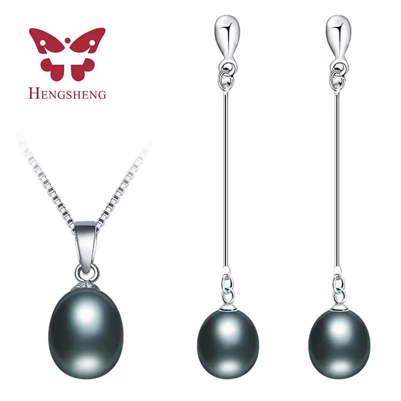 HENGSHENG Black Pearl Set 4 Colors Real Freshwater Pearl Jewelry Set For Women,Pendant Earrings With 925 Sterling Silver Jewelry