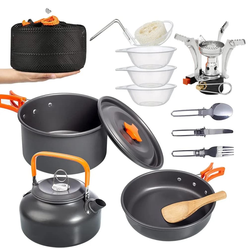 Set da Cucina da Campeggio 13 Pezzi, Pentole Portatili Pieghevoli, Combinazione Teiera da Campeggio, Set di Pentole in Allumina per Cucinare all'Aperto