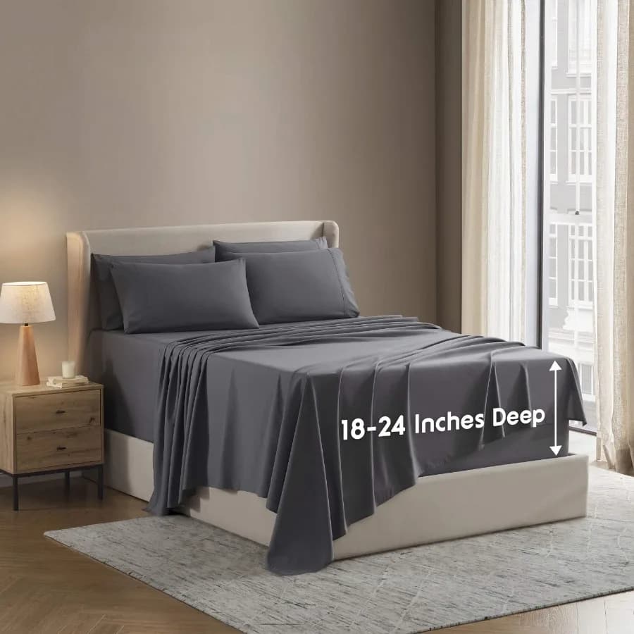 Extra Deep Pocket Queen linen set, suitable for 18-24 inch mattresses, 6 pieces, soft microfiber, dark grey color