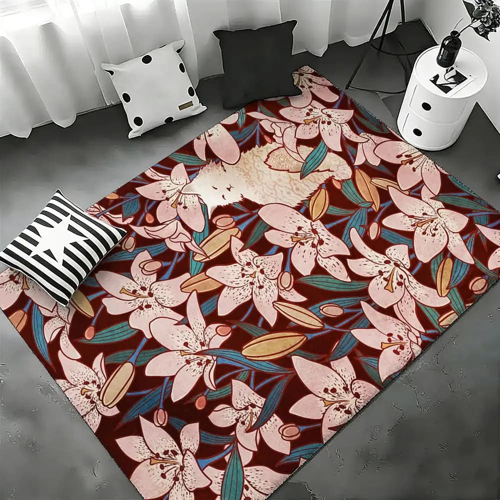 Carpet with floral print for bedroom, living room, flannel mat, non-slip, home decoration