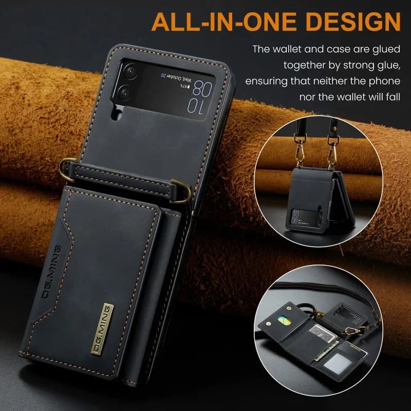 Magnetic Leather Wallet Card with Shoulder Strap Slot Phone Case Stand Cover Back Bag for Samsung Galaxy Z Flip 6 5 4 3 Series
