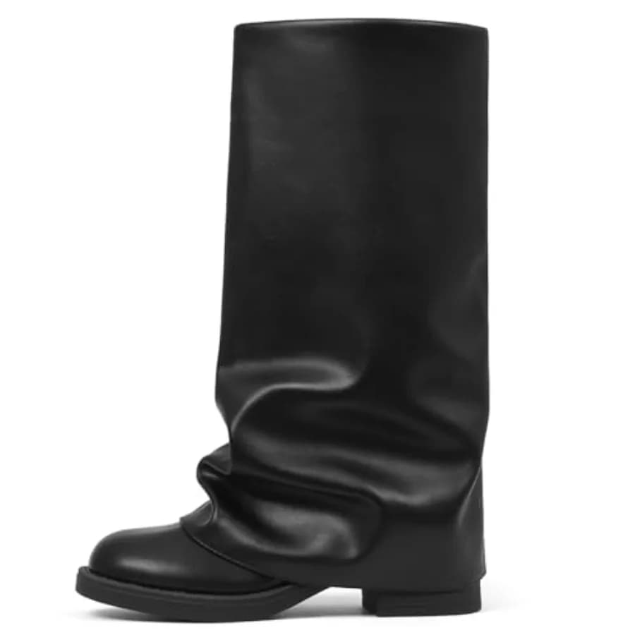 Women's Fold Over Boots Slouchy Wide Calf Pleated Platform Black Boots Round Toe Chunky Stacked Riding Biker Boots Mid Calf Boo