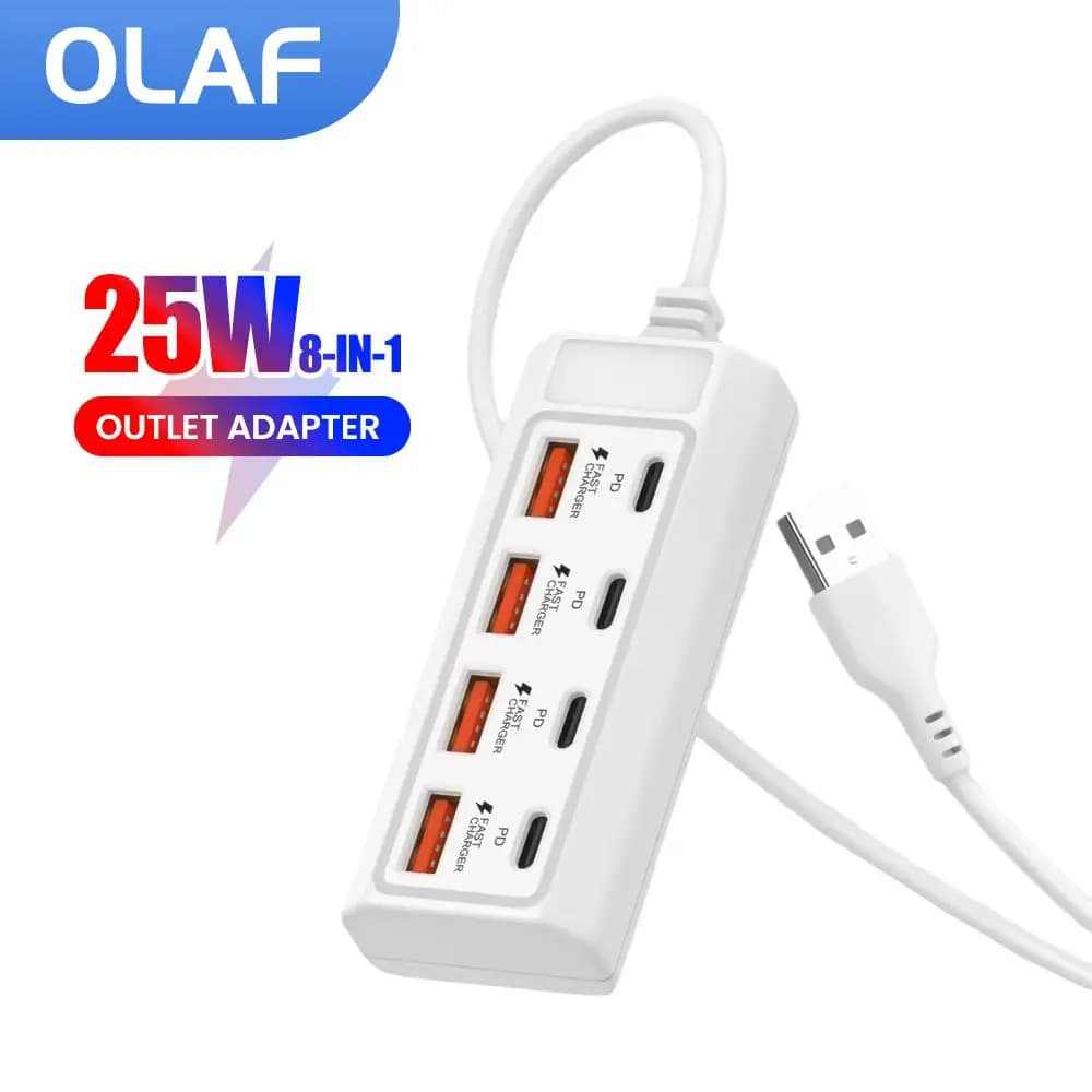 Presa per caricabatterie USB 8 in 1 PD25W Caricatore USB C Adattatore di alimentazione di ricarica multi-dispositivo per Samsung Xiaomi Huawei Tipo C Dock di ricarica