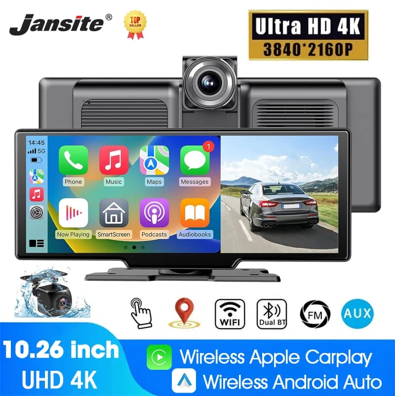 10.26 inch portable Dashcam, 4K camera, car monitor, Wireless Carplay, Android Auto, GPS navigation, video recording, DVR for dashboard