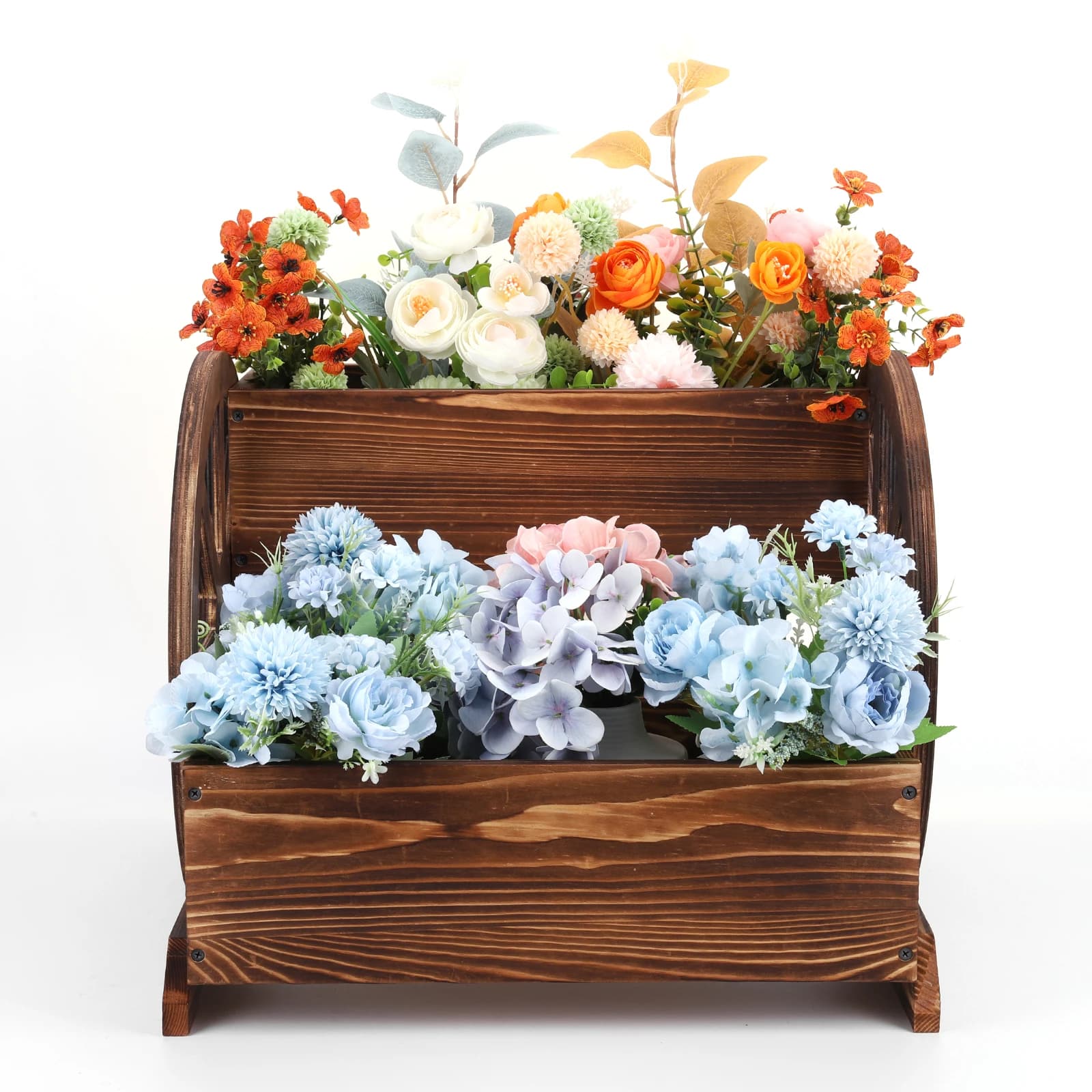Decorative Wood Planter with Wheels, Shopping Cart Interior and Exterior, Patio, Garden, Balcony, Courtyard