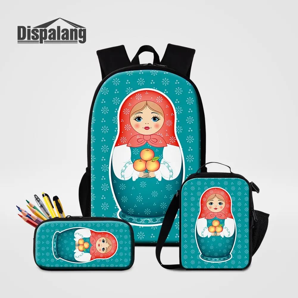 Russian Mascot Matryoshka Doll Backpack Set with Lunch Cooler Bag And Pencil Case for Girls School Children's Schoolbags