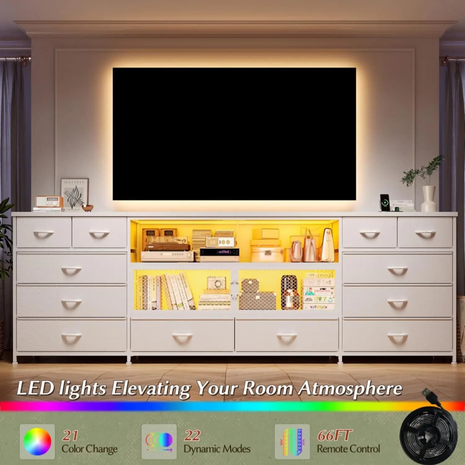 71" TV Stand with LED Lights Power Strip 12 Drawers for 85 80 75 Inch TVs, Customized