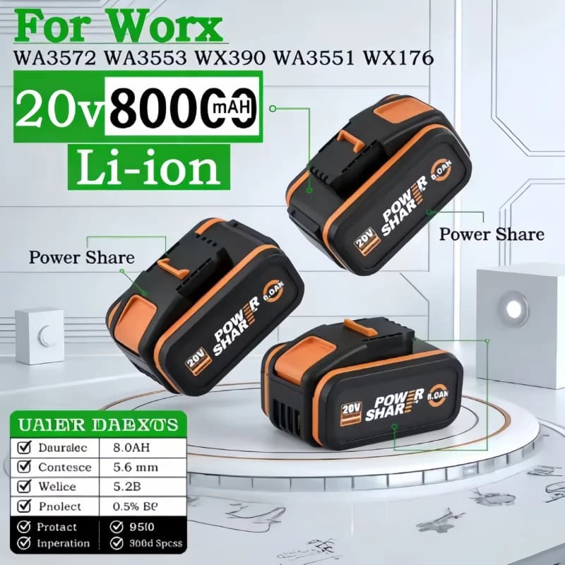 Portable 20V Rechargeable Battery, Overcharge Protection, Long Working Time, Fit Worx WA3511 WA3512 Cordless Tools