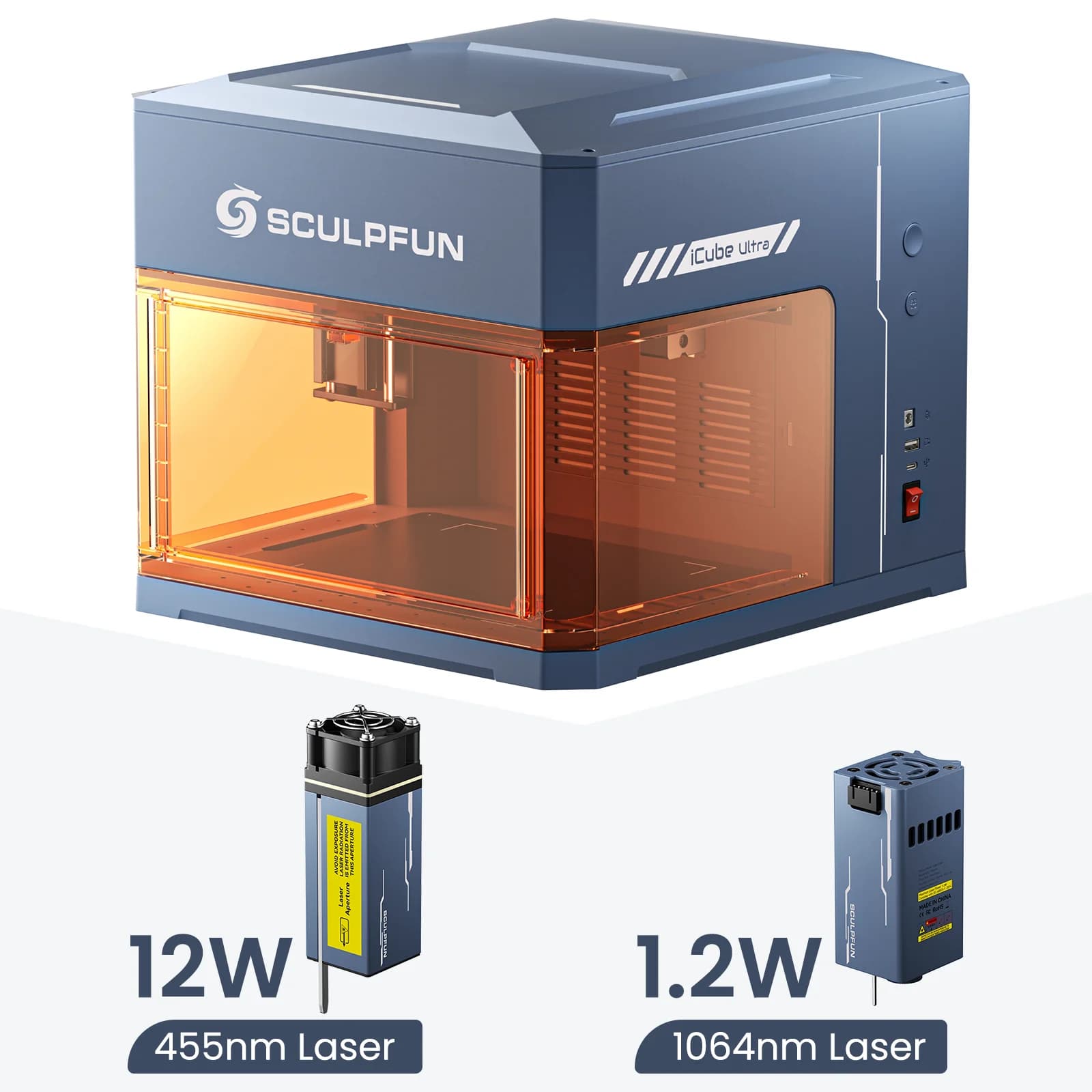Sculpfun iCube Ultra Diode 12 W + Double 1.2 W Infrared Laser Double Engraver Laser Engraver Automatic Focus Function Integrated Air Filter