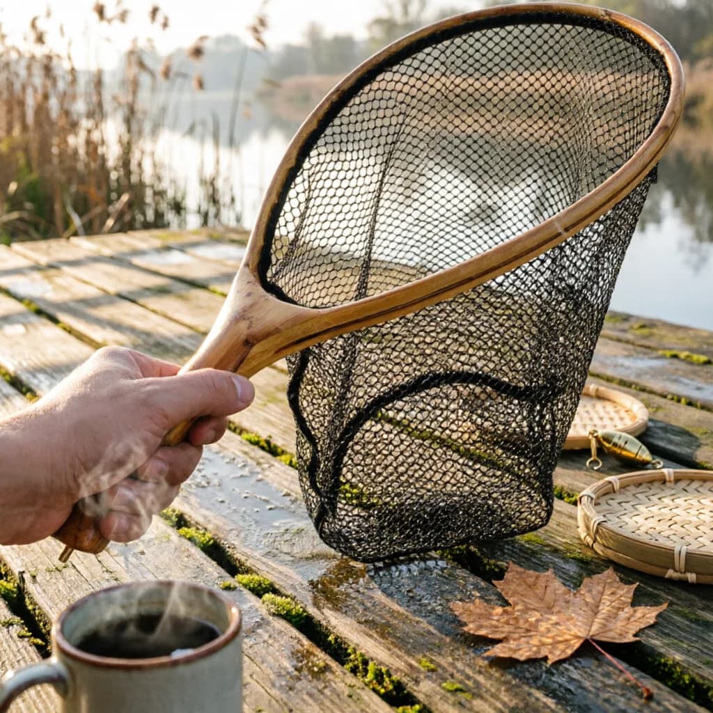 Wood Handle Landing Net Lightweight Wooden Handle Mesh Net for Fishermen