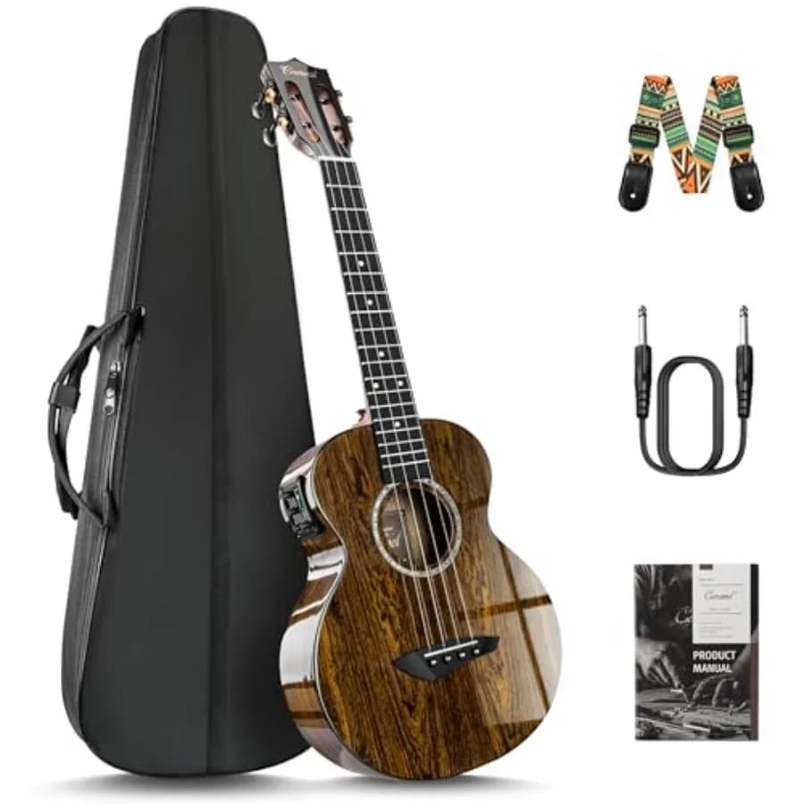 Kit Ukulele Tenore Professionale Fatto a Mano da 26 Pollici con Accessori in Legno Bocote Lucido e Finitura Naturale per Performance dal Vivo