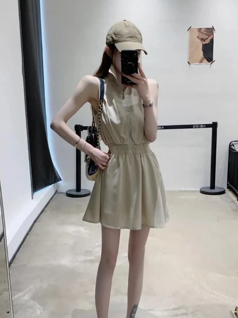 Elegant Summer Sleeveless Dress Women's A-Line Short Skirt Slimming Flip Collar Waist-Cinching Casual Style Fashionable Dress