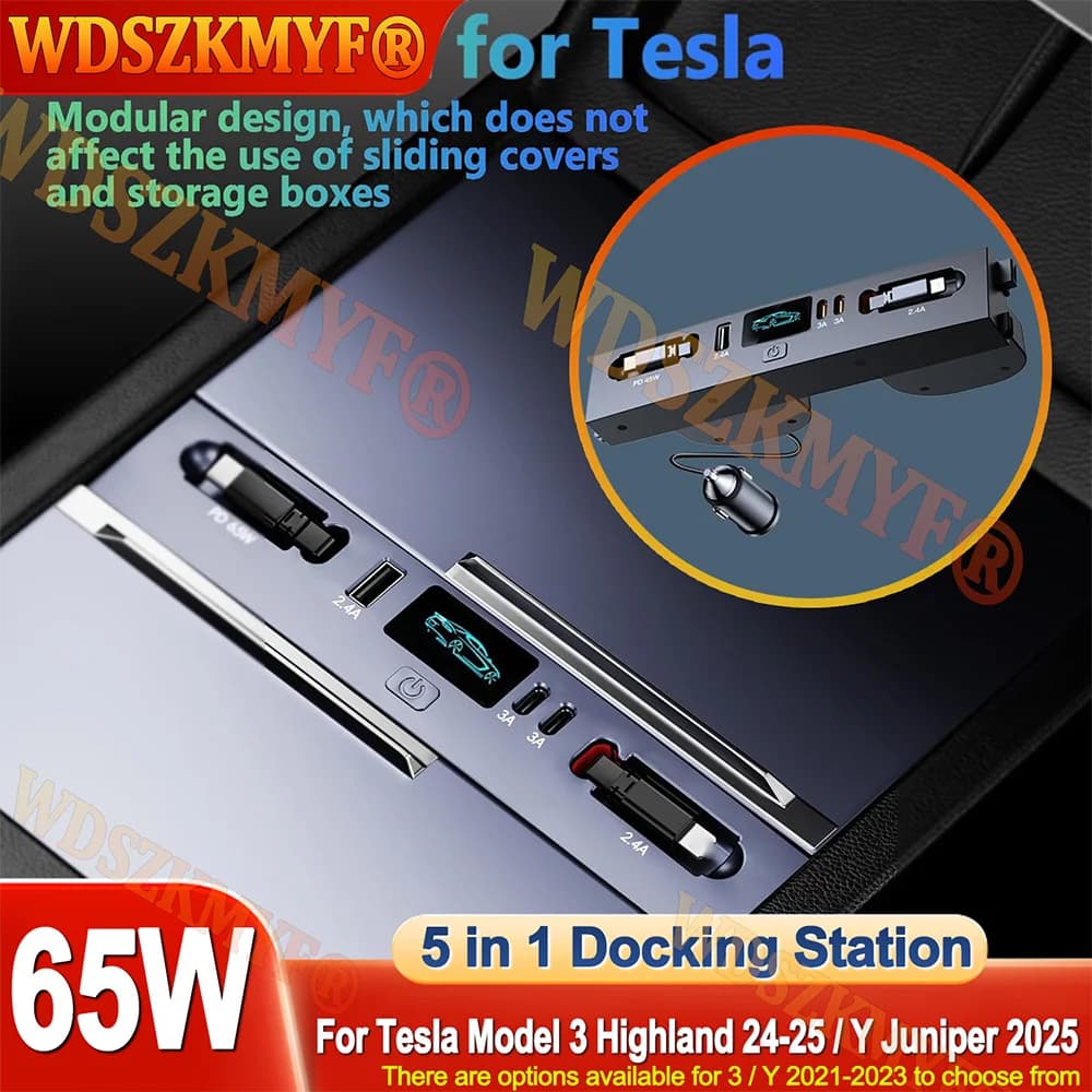 Per Tesla Modello 3 Modello Y 2021-2025 65W / 45W USB Shunt HUB 5 IN 1 Docking Station intelligente Adattatore per auto Alimentato Ricarica rapida