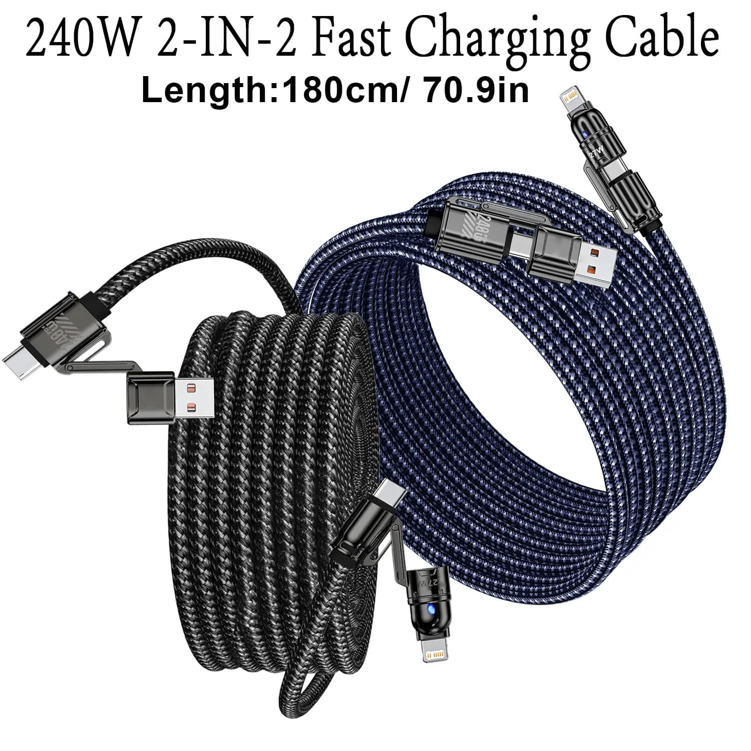 1.8M 240W 4 In 1 Super Fast Charging Data Cable Dual Type-C+Lightning+USB Ports Phone Charging Cable for iPhone Samsung Huawei