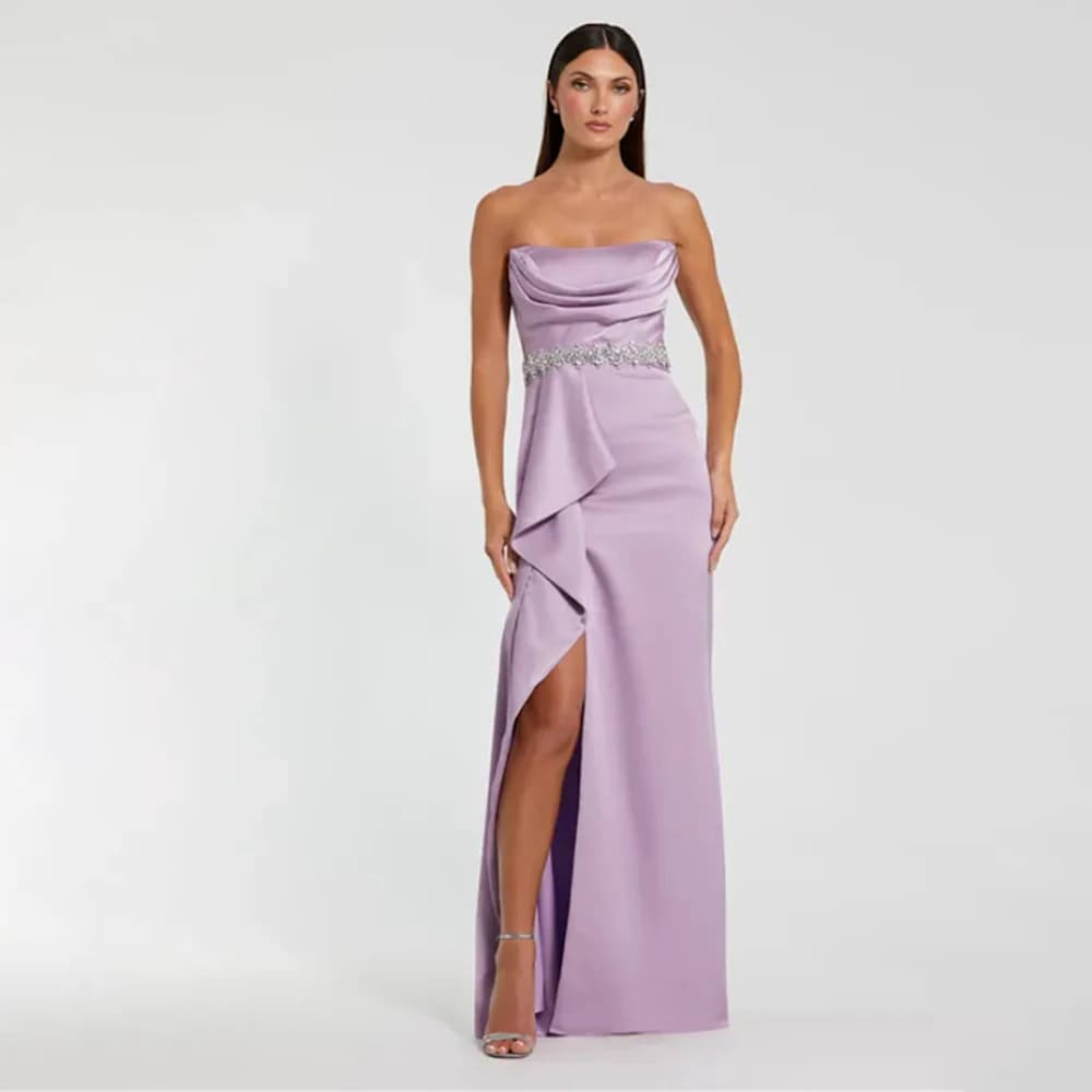 Abiti da Sera di Lusso per Donne, Vestiti Eleganti Senza Spalline con Applicazioni di Diamanti e Pieghe, Abiti Formali per Feste