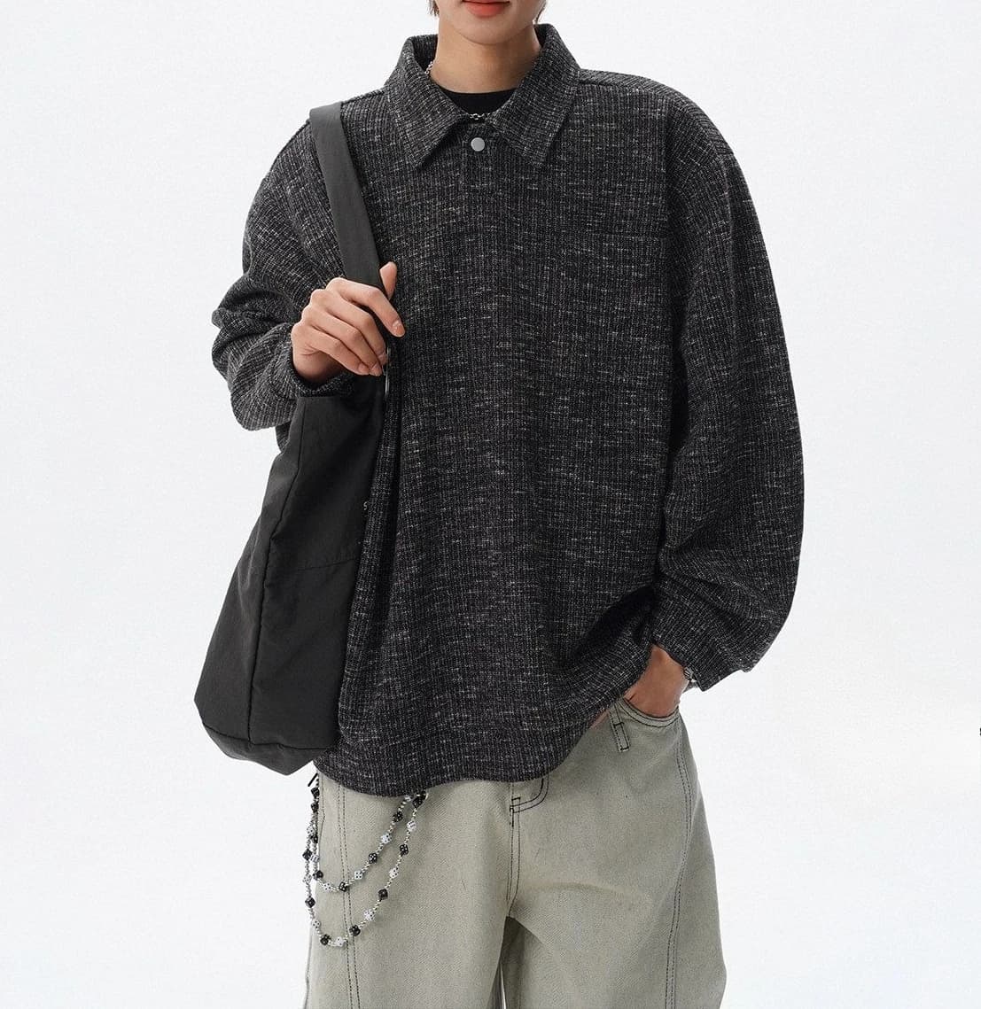 Vintage High Street Variegated Texture Lapel Sweater Men's 2026 Spring Loose Long-sleeved Top