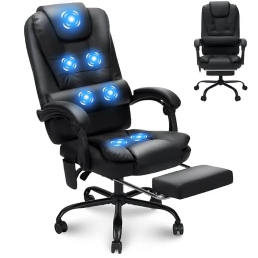 Sedia da Ufficio Massaggiante con Poggiapiedi, 7 Punti di Vibrazione, Sedia Ergonomica Direzionale in Pelle, Sedia da Ufficio Nera