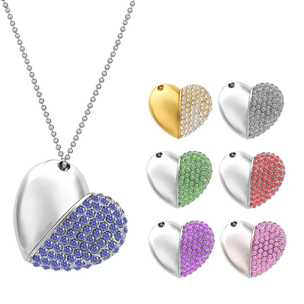Chiavetta USB a forma di cuore in metallo con diamante, pendrive con catena, 4GB 8GB 16GB 32GB 64GB, memory stick 2.0 a forma di collana.