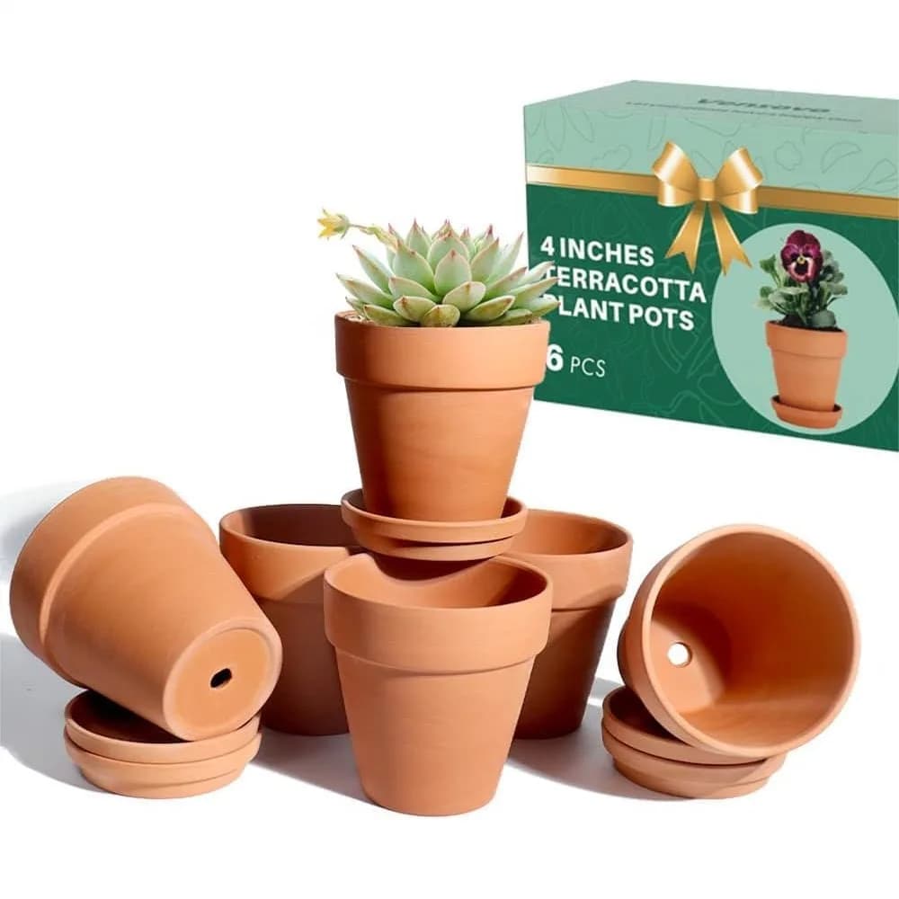 Vasi in terracotta da 4 pollici con sottovaso, confezione da 6 vasi in argilla con fori di drenaggio per piante grasse, cactus ed erbe da interno