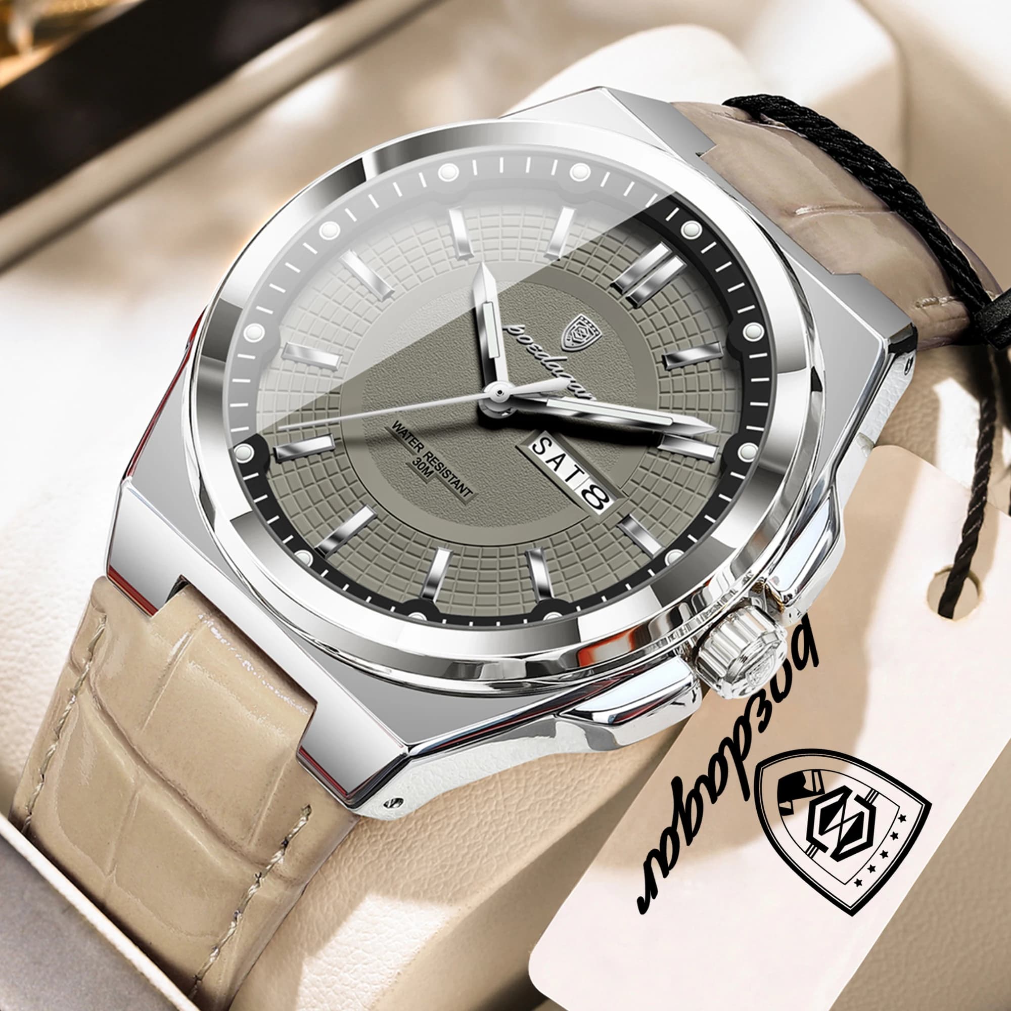 POEDAGAR High Quality Men's wrist watch, Waterproof, Bright, with Date and Day, Men's Quartz Clock for Business, Leather Strap, Reloj