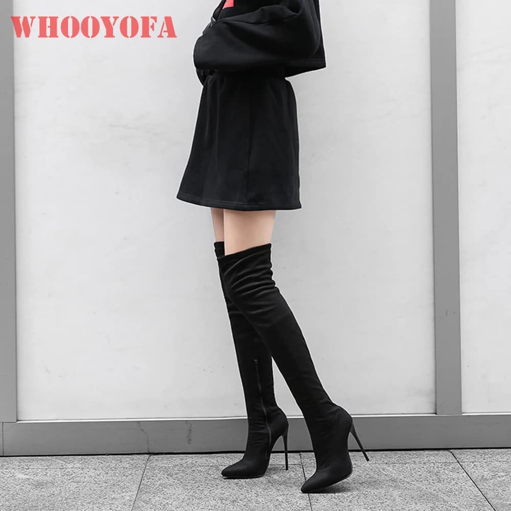 Brand New Winter Sexy Nero Donna Stivali alti sopra il ginocchio Tacchi alti sottili Lady Pole Dance Shoes Plus Big Size 12 43 45 48
