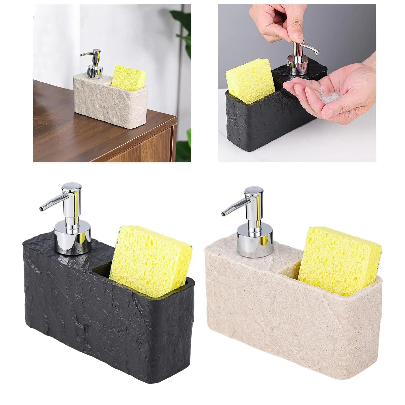 Dispenser di sapone con scomparto portaoggetti, portaoggetti multifunzionale per bottiglie con pompa, per piano di lavoro, spugna per piatti e pennelli