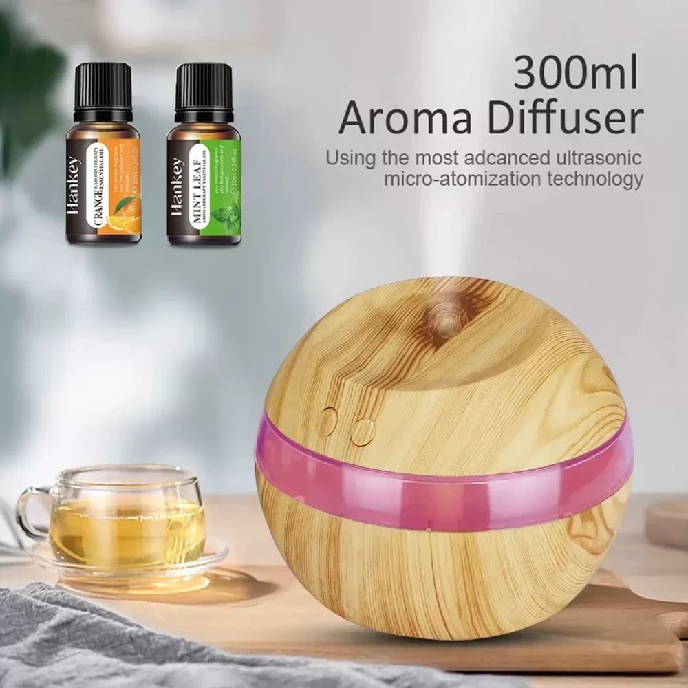 Umidificatore USB con venature del legno da 300 ml, diffusore per aromaterapia per casa, ufficio, camera da letto, umidificatore silenzioso