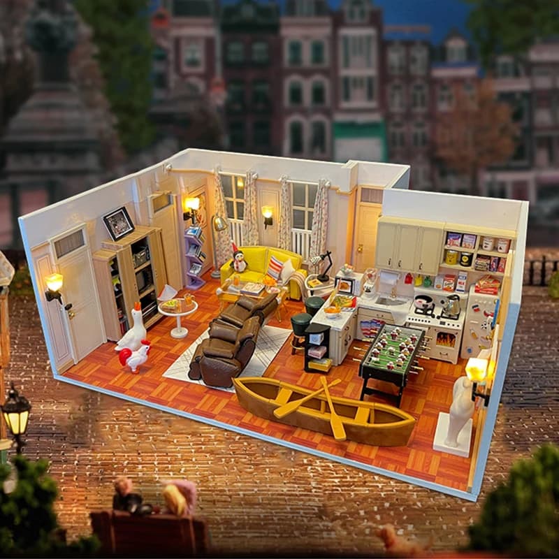 Appartamento di Joey in legno fai-da-te Casa Kit di costruzione in miniatura Fermalibri con luci Scaffale assemblato Decorazione della casa Regali per amici