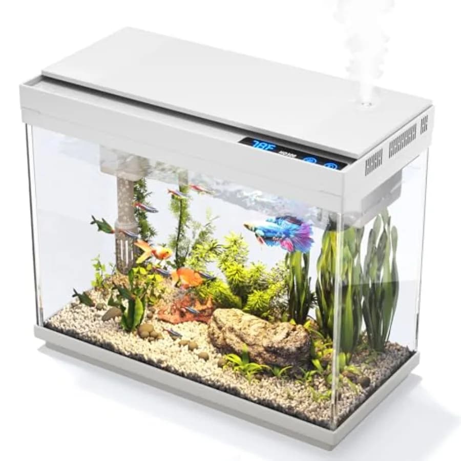 Fish Tank 2.4 Gallon Aquarium Kit with Humidifier: HD Glass, Black, 7-Color Auto-Looping Light, Quiet 3-in-1 Pump with Filtrati