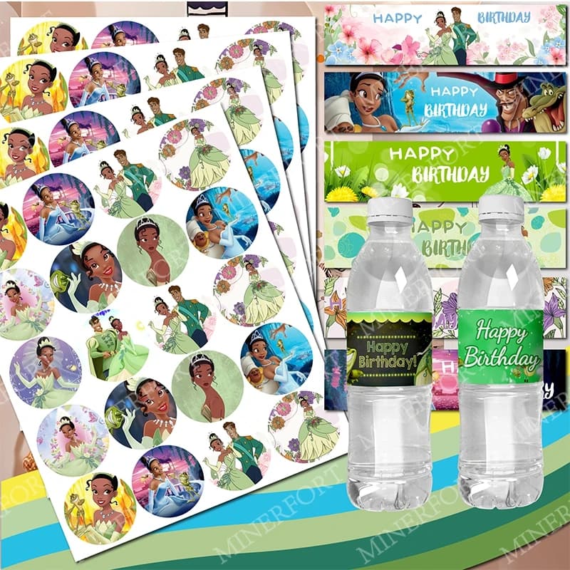 Princess and Frog Theme Princess Tiana Water Bottle Label and Round Label Cartoon Sticker Baby Shower Birthday party Make yourself