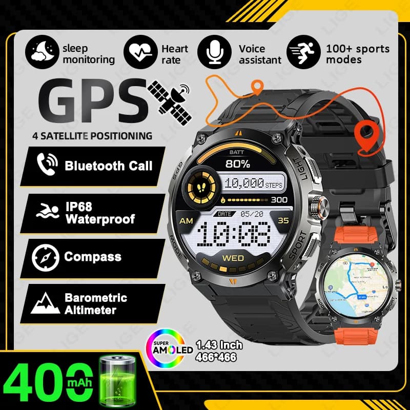 LIGE Nuovo Professionale GPS Sport Smart Watch Outdoor RIDE Run Orologi da uomo Bussola Altimetro IP68 400mAh AMOLED BT Braccialetti di chiamata