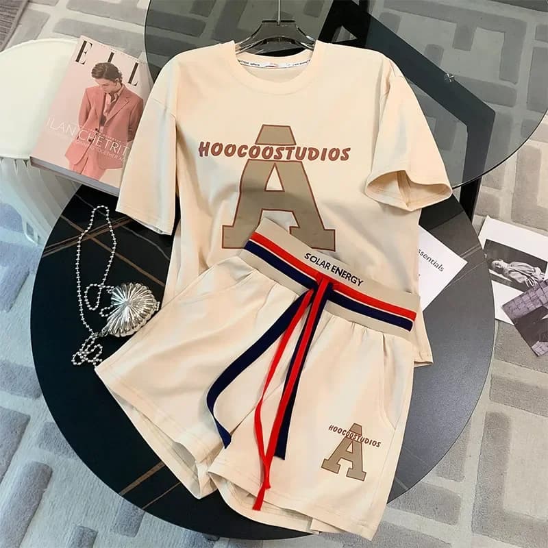 Elegante tuta sportiva casual da donna ampia a vita media maniche corte alla moda da corsa set da 2 pezzi estate nuovo arrivo 2024