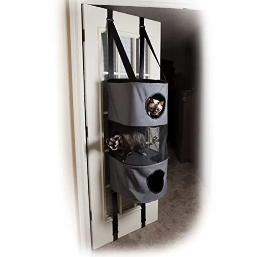 Condo per Gatti da Appendere a 3 Livelli, Montabile su Porta, Salvaspazio, con Livello in Rete, Fori per il Sguardo, Livelli Interconnessi, Pieghevole