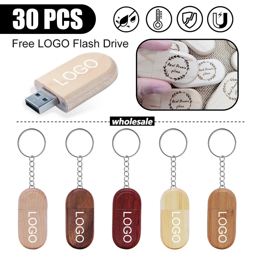 30 pz/lotto Legno di Acero USB 2.0 Flash Drive 4GB 8GB 16GB 32GB 64GB Pen Drive LOGO Libero Memory Stick Regali gratuito Portachiavi U Disco