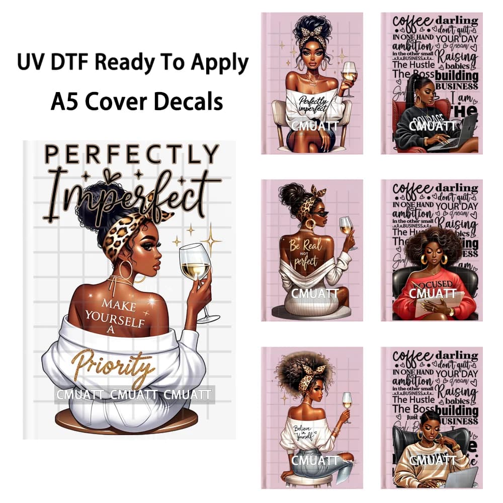 Adesivi UV DTF per copertine di quaderni, motivi donna d'affari e ragazze nere, pronti da applicare, resistenti, per copertine di diari A5
