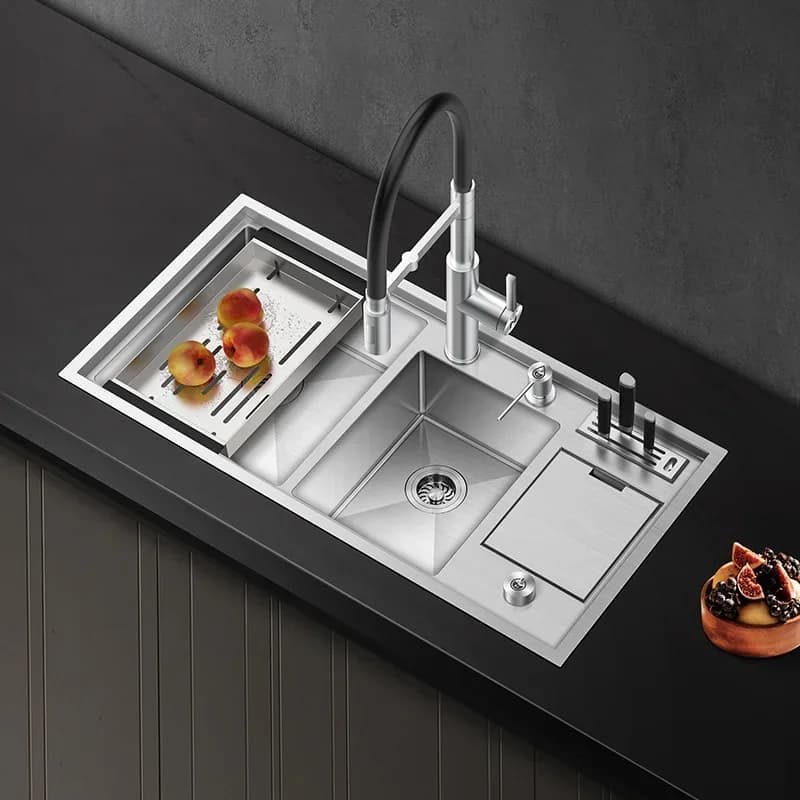 304 brushed stainless steel kitchen sink, thickened vegetable bath with container function for waste and knife holders, handmade sink