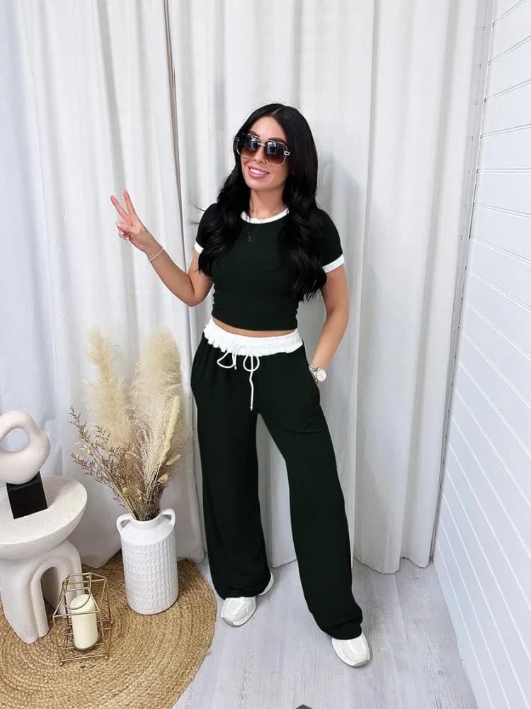 Wmstar Two Piece Set Women Wholesale Border Round Neck Color Blocking Short Sleeved Fashion Casual Wide Leg Pants Sportswear