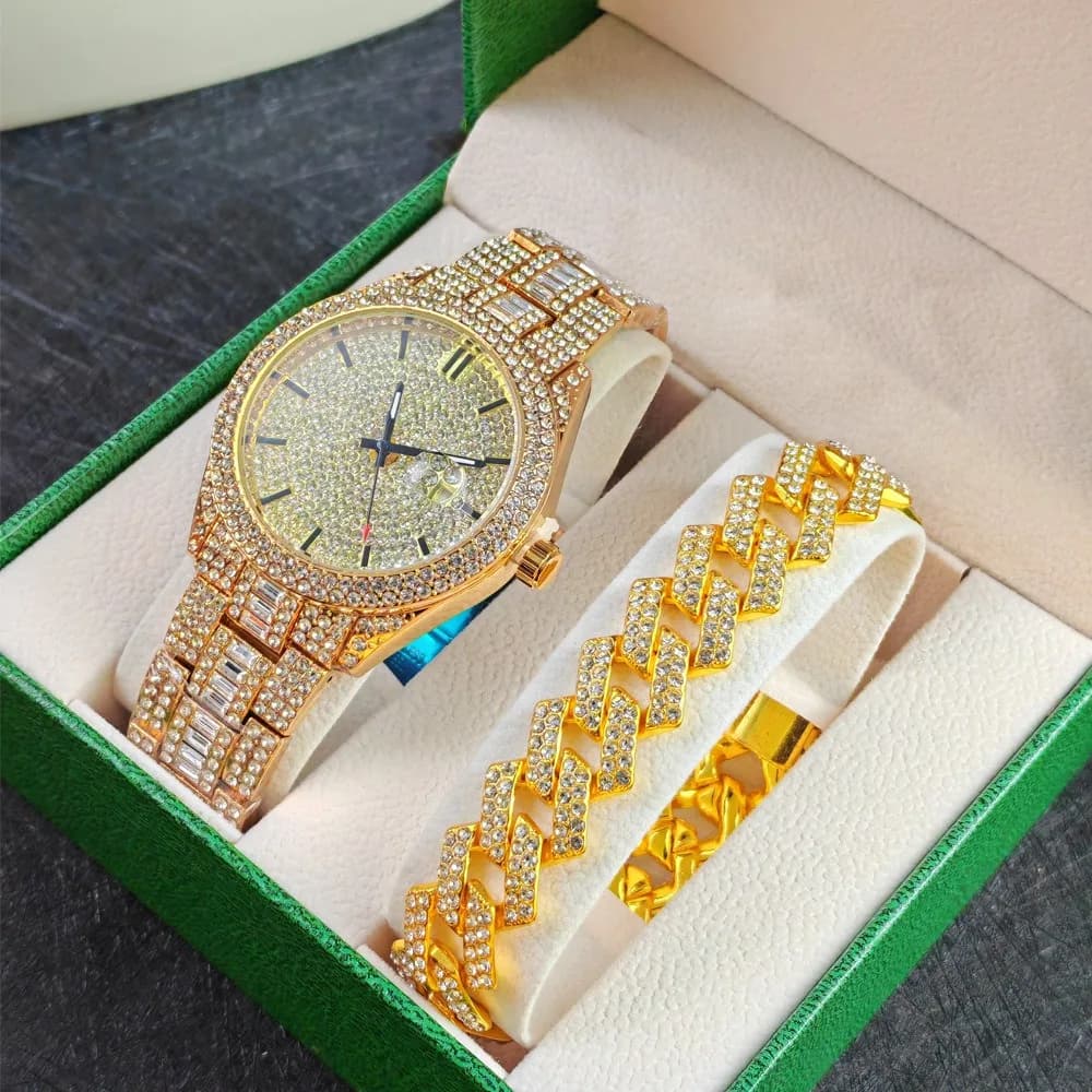 Bracciale Hip Hop Orologi con diamanti Set con scatola per uomo Orologio di lusso Orologio da polso da uomo al quarzo ghiacciato alla moda Relojes