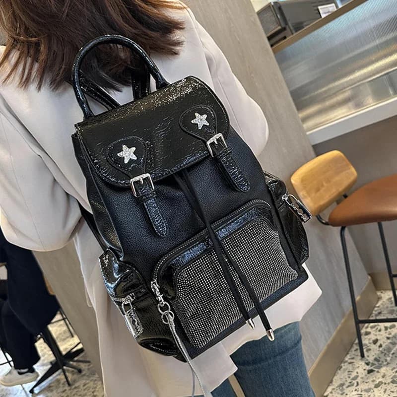 Backpacks Woman Stylish Cowhide Backpack Daily Outings Female Bag High End Light Luxury Style Heat Fixed Rhinestones Bags