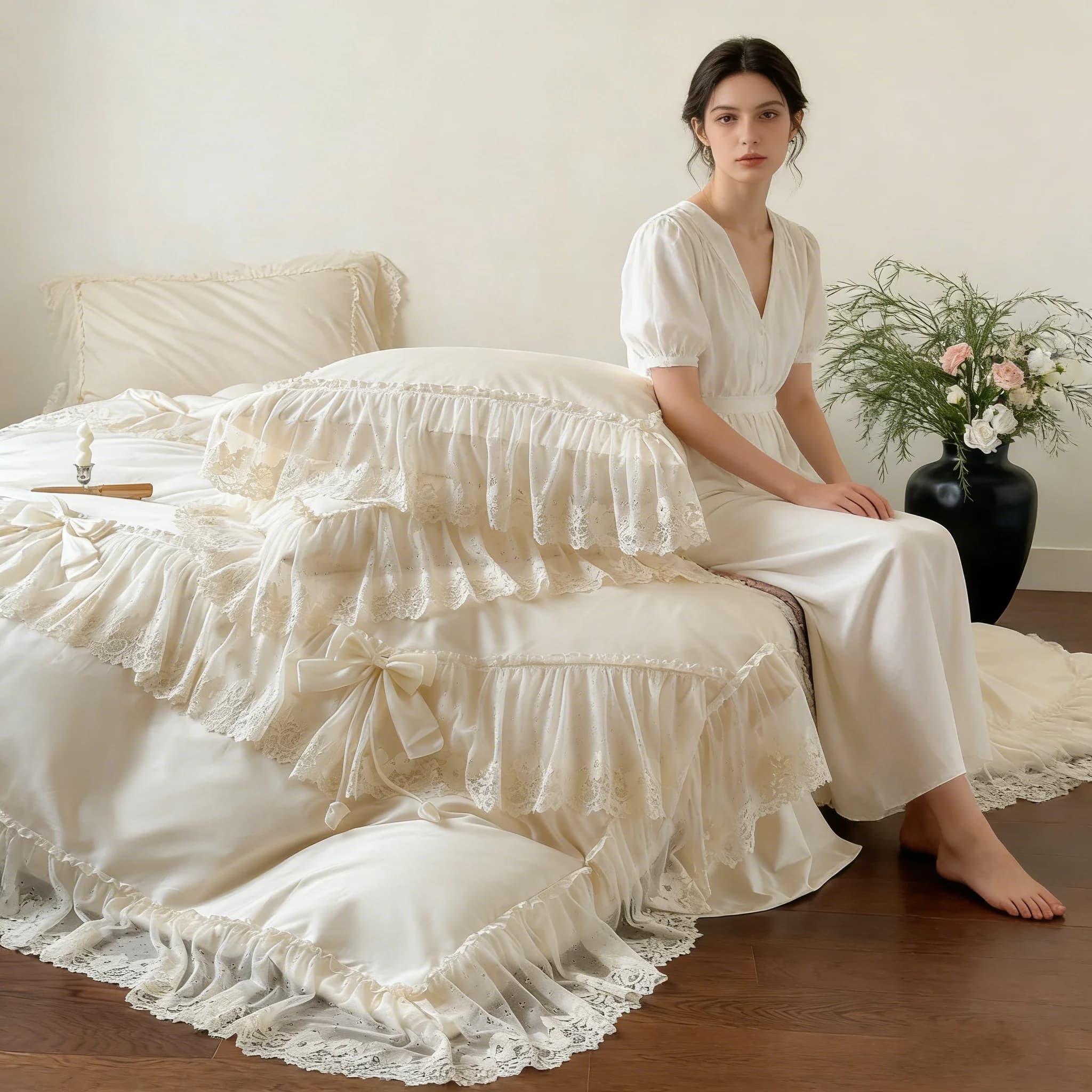 Beige Egyptian Cotton Bedding Set Luxury Lace Embroidery Princess Duvet Cover Sets Bedspread Bed Skirt Pillowcases Home Textile